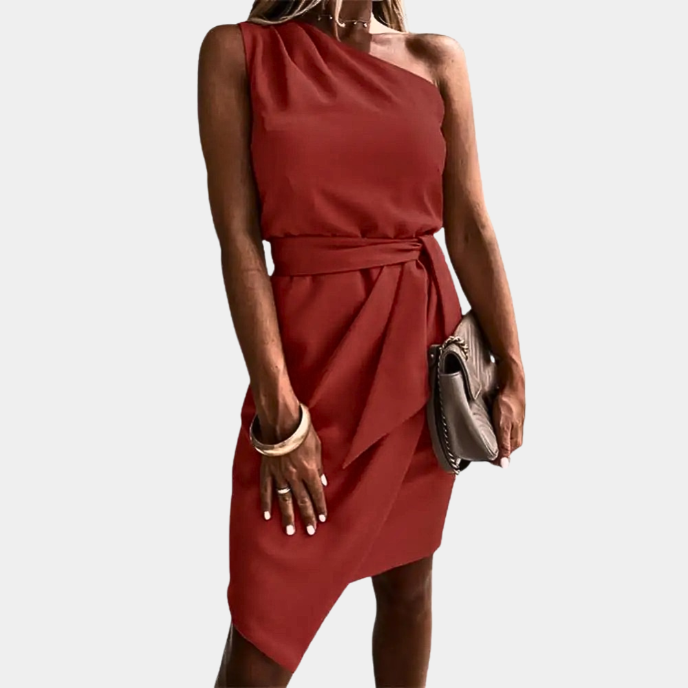 Elegant One-Shoulder Dress with Waist Tie