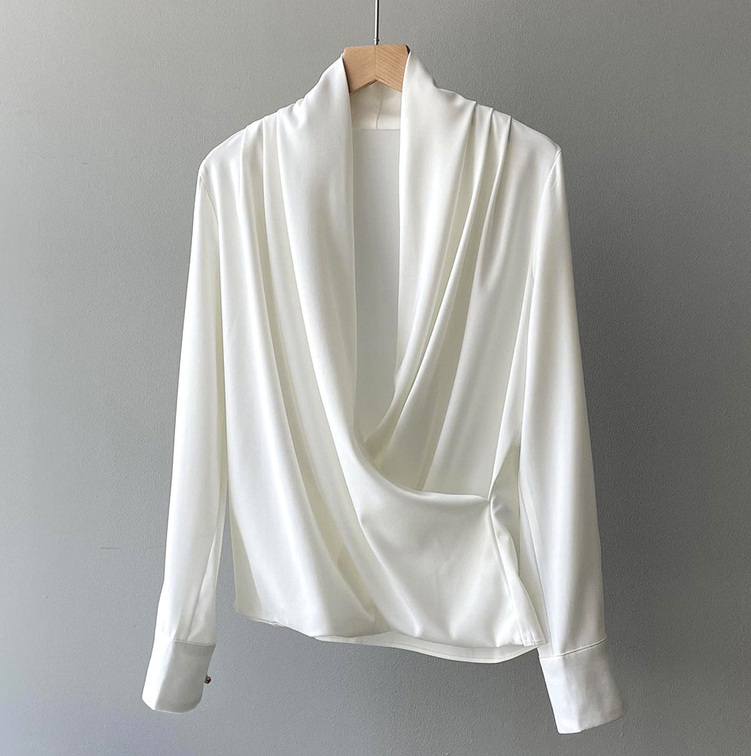 Women's Blouse - Silk Satin - Cowl Neck - Long Sleeve - Elegant Draped Fit