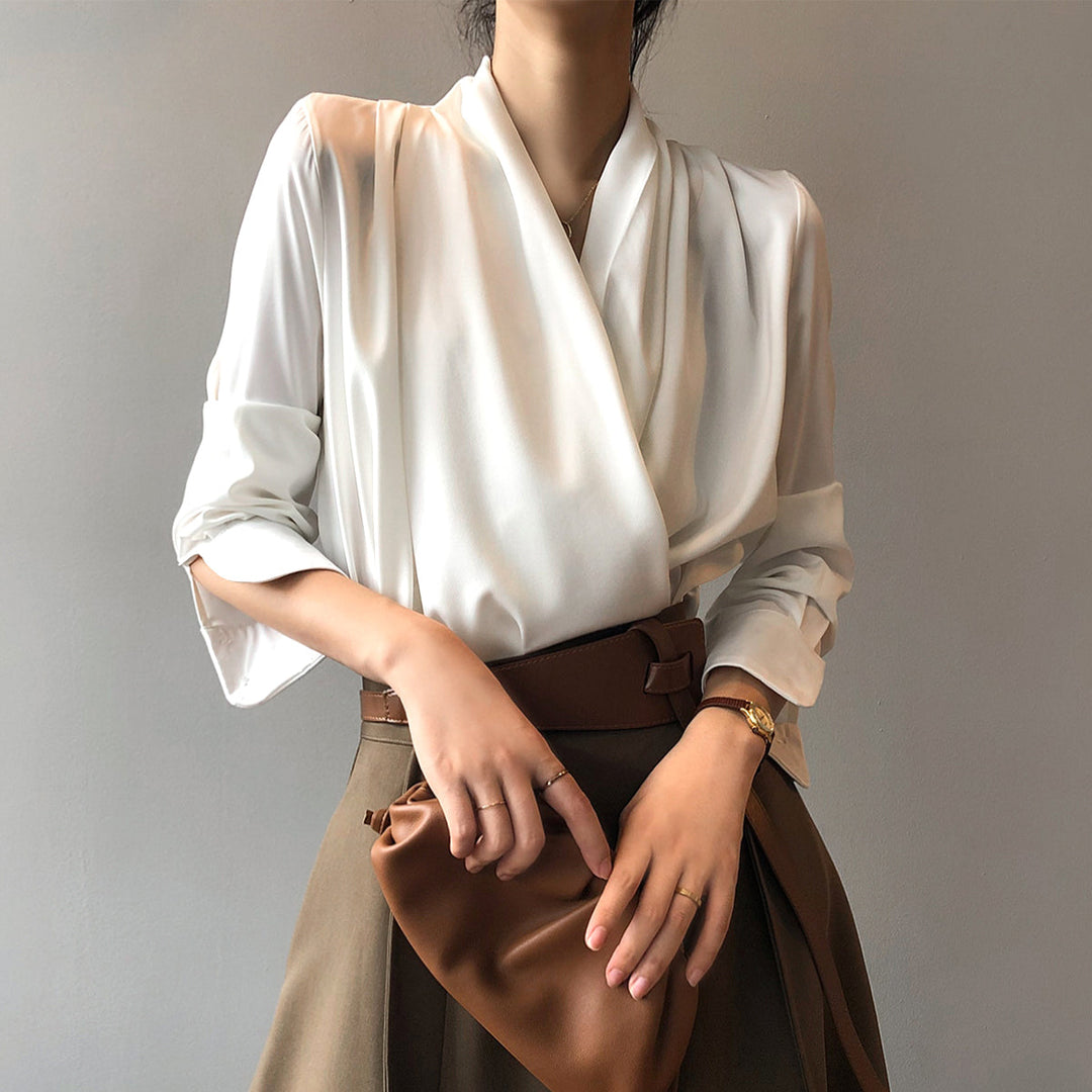 Women's Blouse - Silk Satin - Cowl Neck - Long Sleeve - Elegant Draped Fit