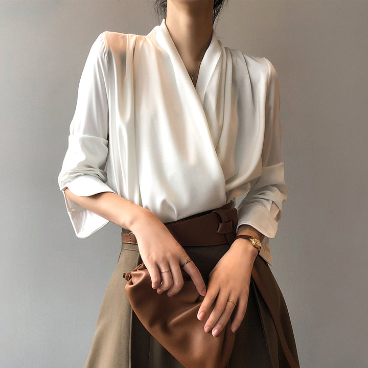 Women's Blouse - Silk Satin - Cowl Neck - Long Sleeve - Elegant Draped Fit