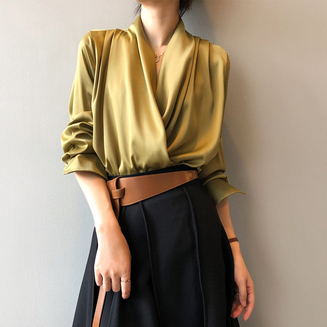 Women's Blouse - Silk Satin - Cowl Neck - Long Sleeve - Elegant Draped Fit