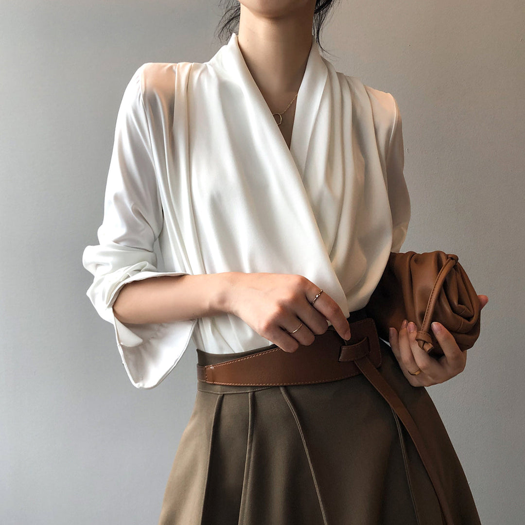 Women's Blouse - Silk Satin - Cowl Neck - Long Sleeve - Elegant Draped Fit