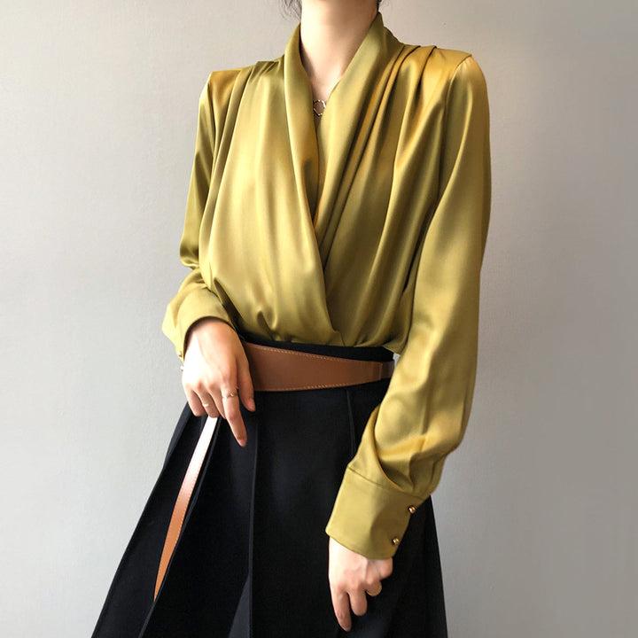 Women's Blouse - Silk Satin - Cowl Neck - Long Sleeve - Elegant Draped Fit