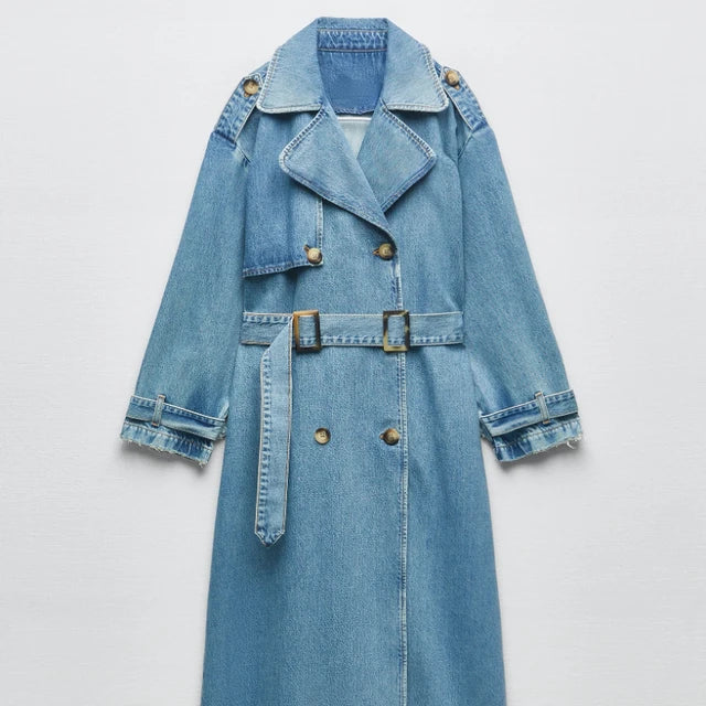 Jade | Long Trench Coat for Women with Belt – Blue