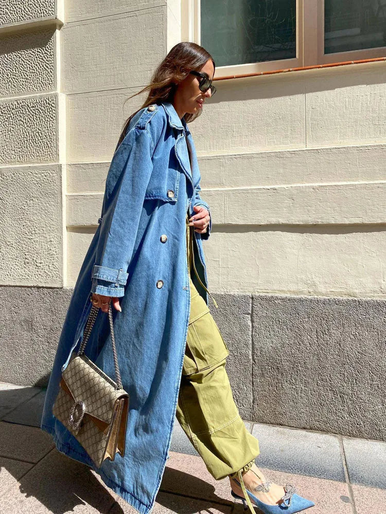 Jade | Long Trench Coat for Women with Belt – Blue