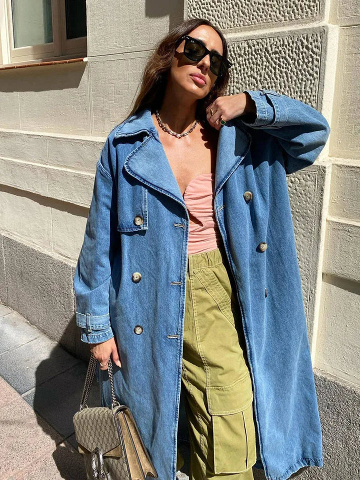 Jade | Long Trench Coat for Women with Belt – Blue