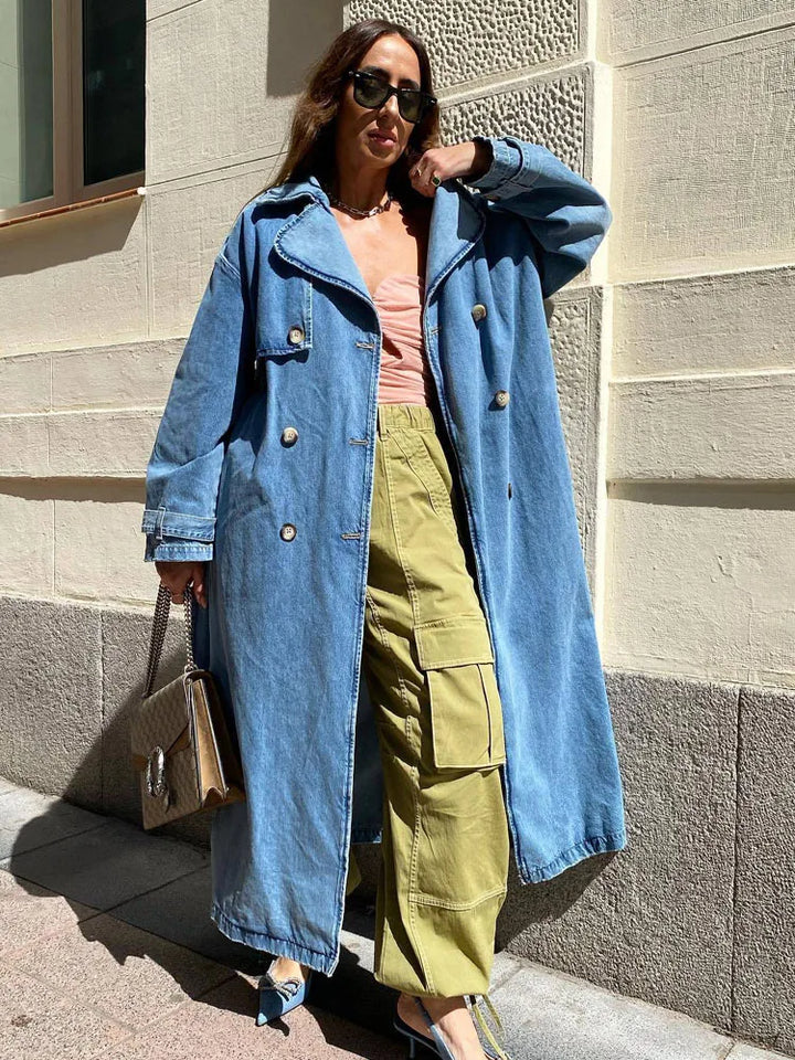 Jade | Long Trench Coat for Women with Belt – Blue