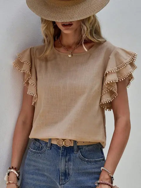 Women's Blouse - Ruffle Sleeve - Round Neck - Relaxed Fit Elegant Top