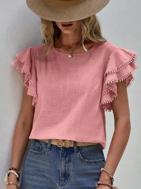 Women's Blouse - Ruffle Sleeve - Round Neck - Relaxed Fit Elegant Top