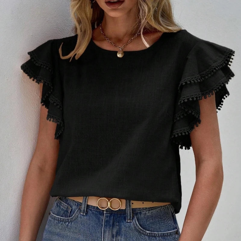 Women's Blouse - Ruffle Sleeve - Round Neck - Relaxed Fit Elegant Top