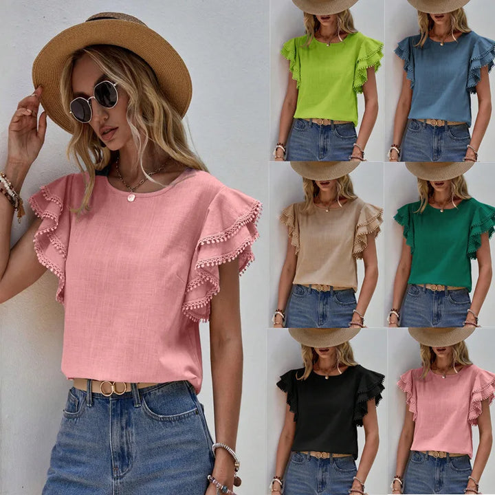 Women's Blouse - Ruffle Sleeve - Round Neck - Relaxed Fit Elegant Top
