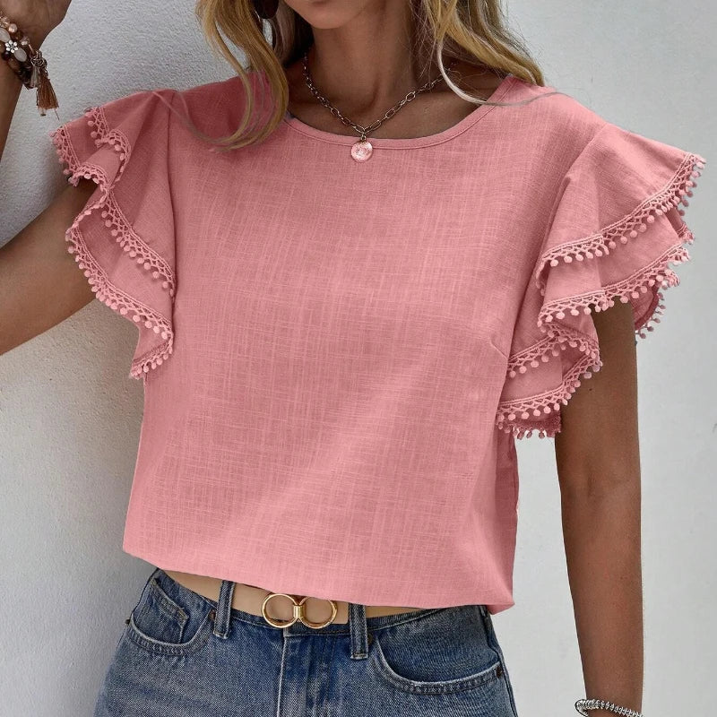 Women's Blouse - Ruffle Sleeve - Round Neck - Relaxed Fit Elegant Top