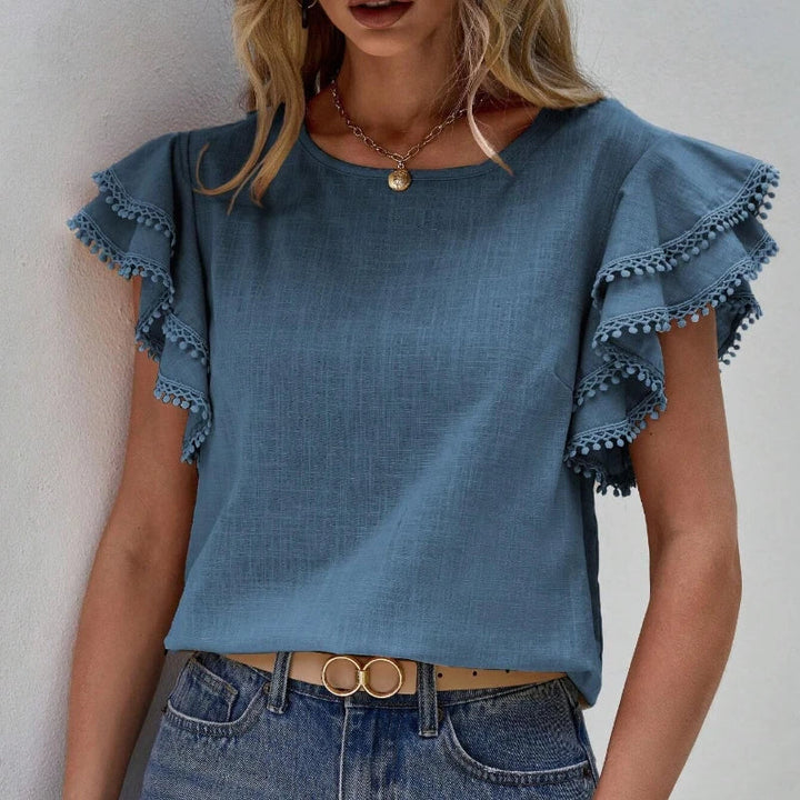 Women's Blouse - Ruffle Sleeve - Round Neck - Relaxed Fit Elegant Top