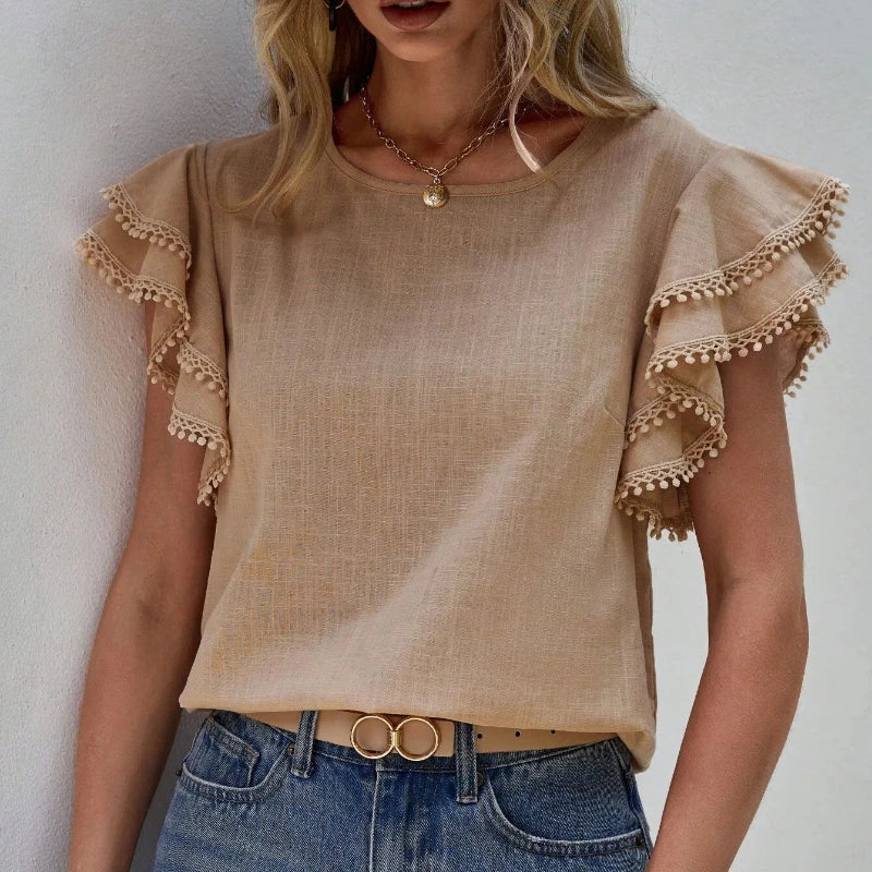 Women's Blouse - Ruffle Sleeve - Round Neck - Relaxed Fit Elegant Top