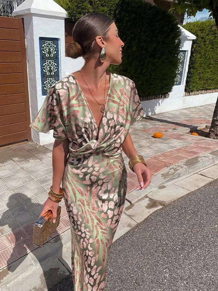 Floral V-Neck Pleated Midi Dress for Women
