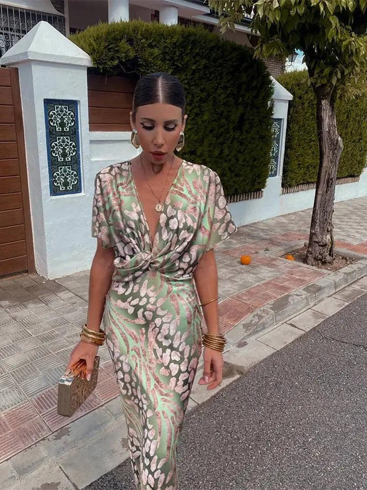 Floral V-Neck Pleated Midi Dress for Women