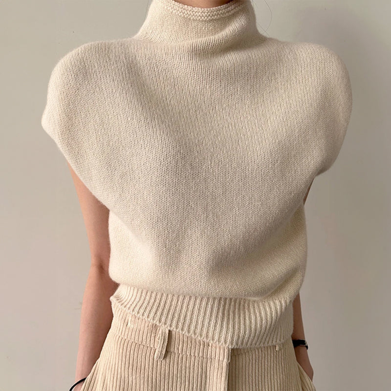Women's sleeveless turtleneck sweater with ribbed detail