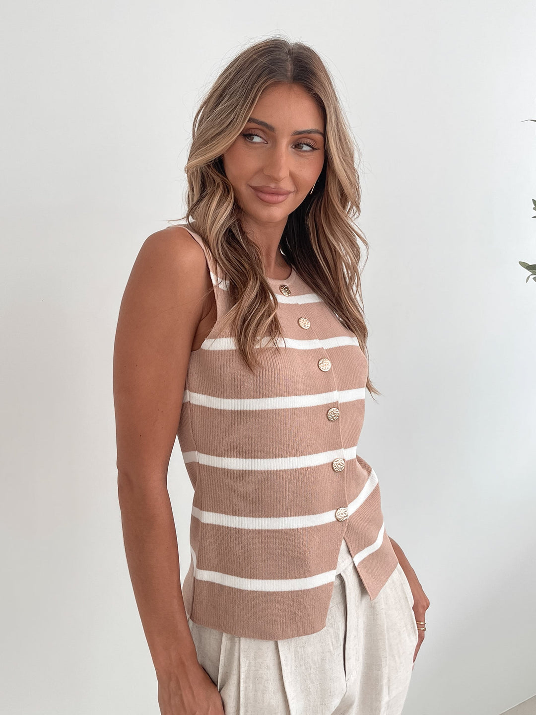 Keyania Knit Top - Beige Stripe