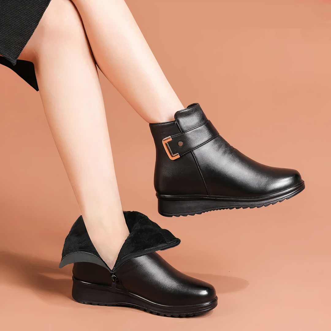 Women's cozy ankle boots with buckle strap