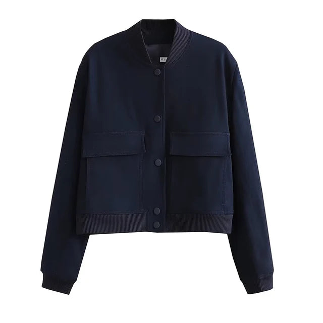 Women's Bomber Jacket - Lightweight Button-Up - Long Sleeve Casual Streetwear - Ribbed Cuffs & Hem - Pocket Detail