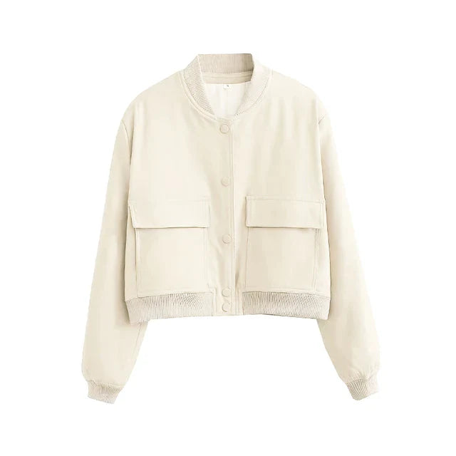 Women's Bomber Jacket - Lightweight Button-Up - Long Sleeve Casual Streetwear - Ribbed Cuffs & Hem - Pocket Detail