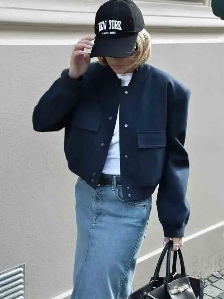 Women's Bomber Jacket - Lightweight Button-Up - Long Sleeve Casual Streetwear - Ribbed Cuffs & Hem - Pocket Detail
