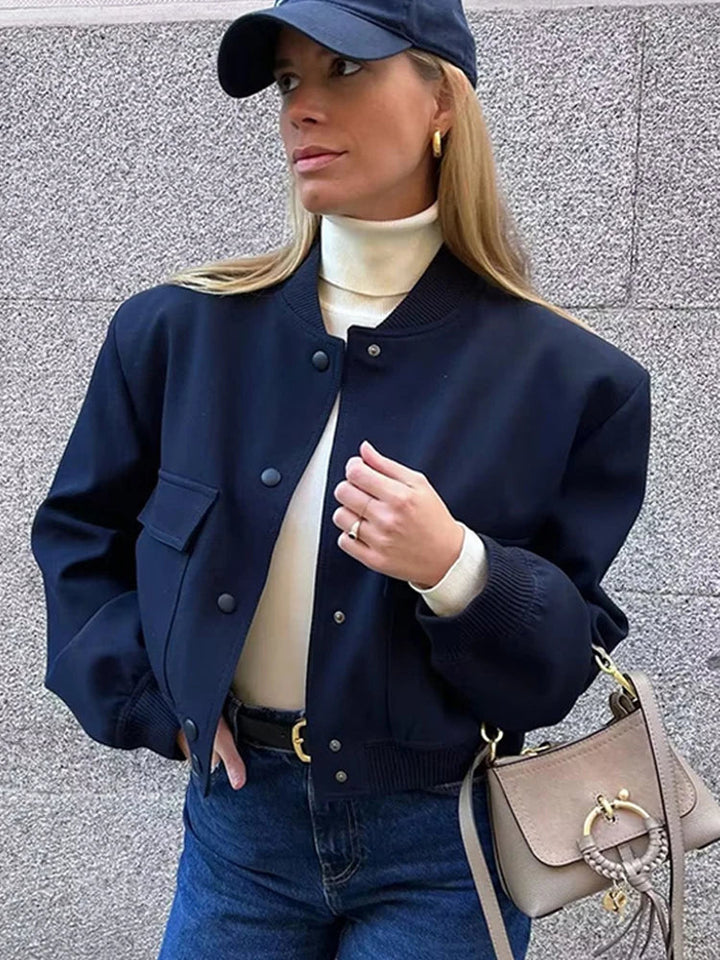 Women's Bomber Jacket - Lightweight Button-Up - Long Sleeve Casual Streetwear - Ribbed Cuffs & Hem - Pocket Detail