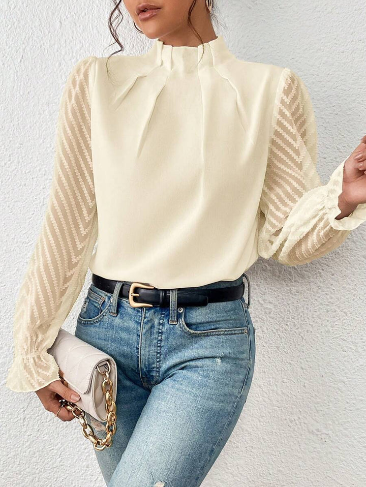 Women's elegant pleated blouse with sheer sleeves