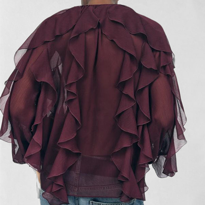 Women’s Blouse – Sheer Chiffon – Loose Fit – Ruffle Front – V-Neck – Long Sleeve
