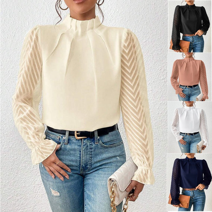 Women's elegant pleated blouse with sheer sleeves