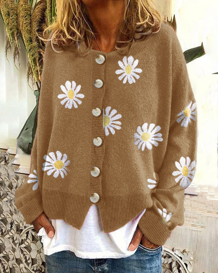 Women's daisy-embroidered button-down cardigan
