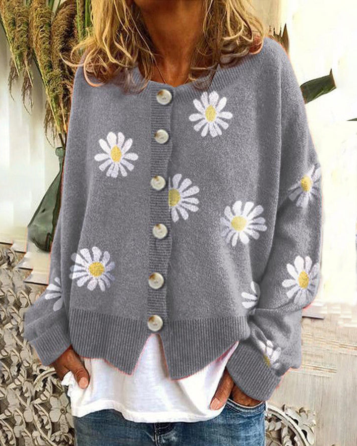 Women's daisy-embroidered button-down cardigan