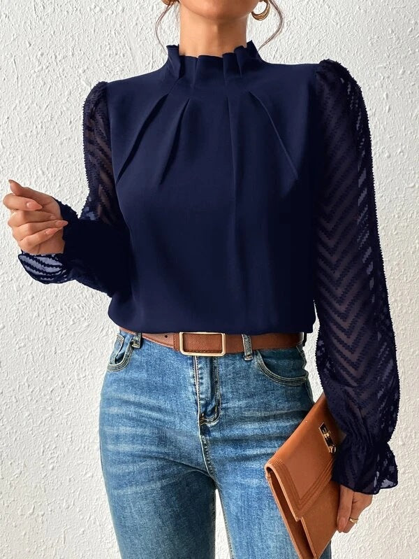 Women's elegant pleated blouse with sheer sleeves