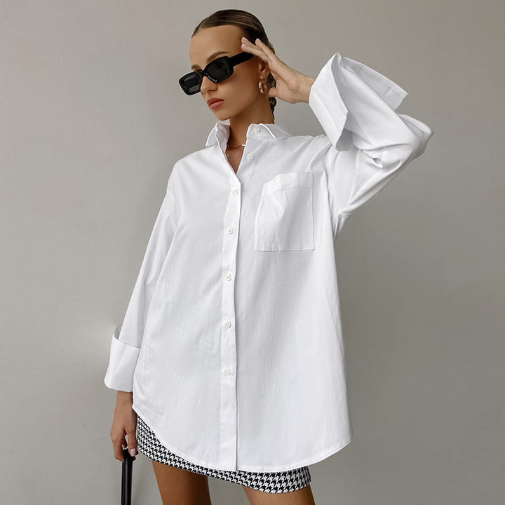 Women’s Button-Up Shirt – Cotton Blend – Oversized Fit – Long Sleeve Casual Style