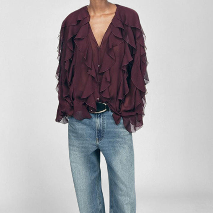 Women’s Blouse – Sheer Chiffon – Loose Fit – Ruffle Front – V-Neck – Long Sleeve
