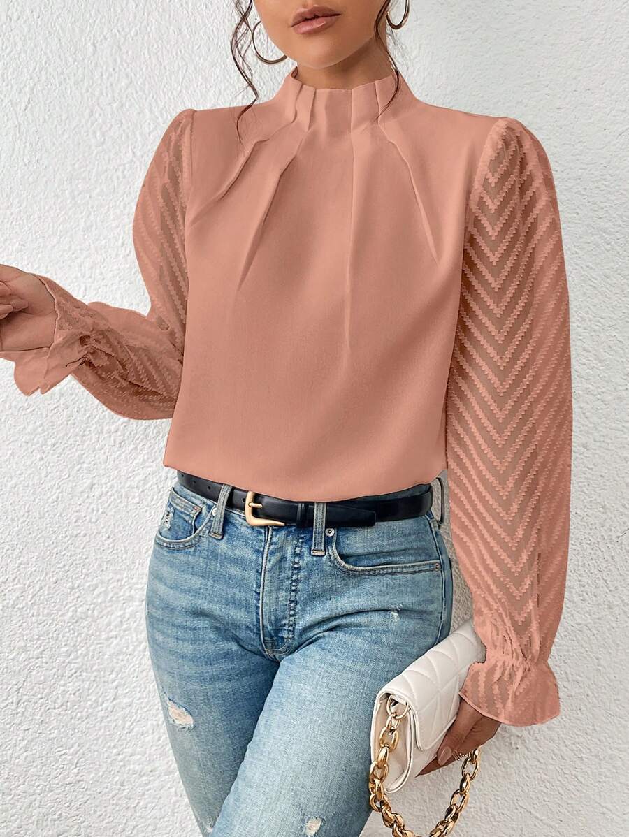 Women's elegant pleated blouse with sheer sleeves