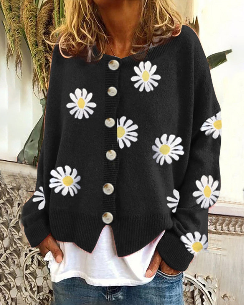 Women's daisy-embroidered button-down cardigan