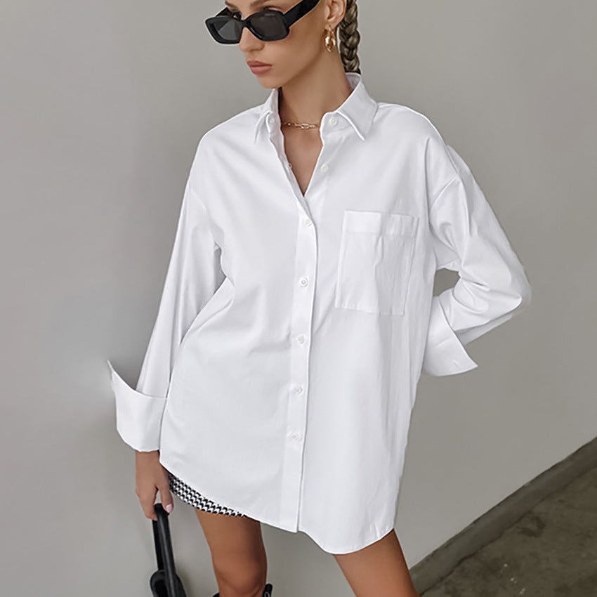 Women’s Button-Up Shirt – Cotton Blend – Oversized Fit – Long Sleeve Casual Style