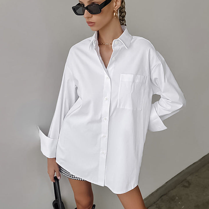 Women’s Button-Up Shirt – Cotton Blend – Oversized Fit – Long Sleeve Casual Style