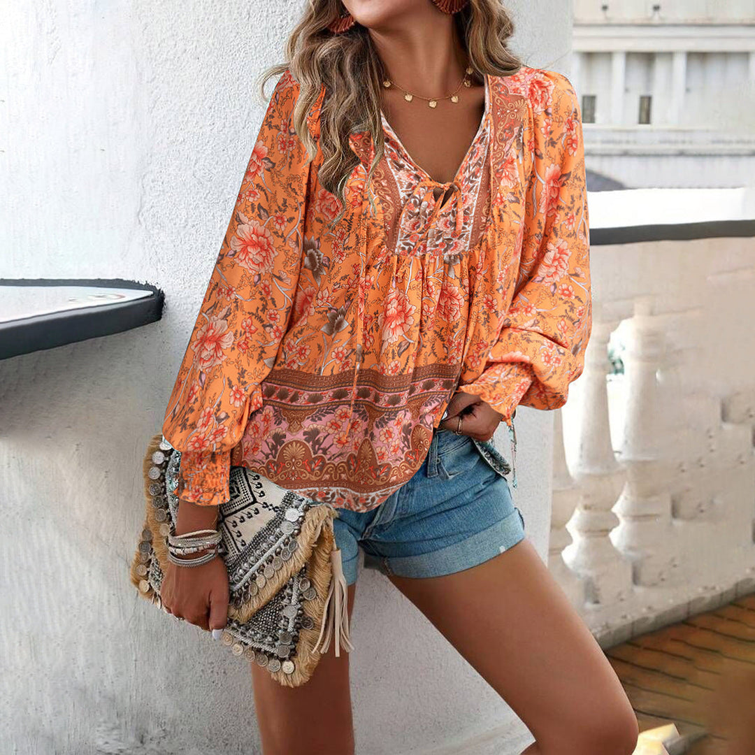 Women’s Blouse – Lightweight Rayon – Relaxed Fit – Tie Neck – Boho Print – Long Sleeve