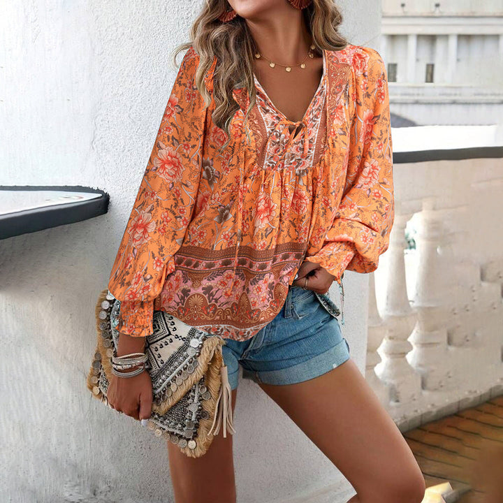 Women’s Blouse – Lightweight Rayon – Relaxed Fit – Tie Neck – Boho Print – Long Sleeve