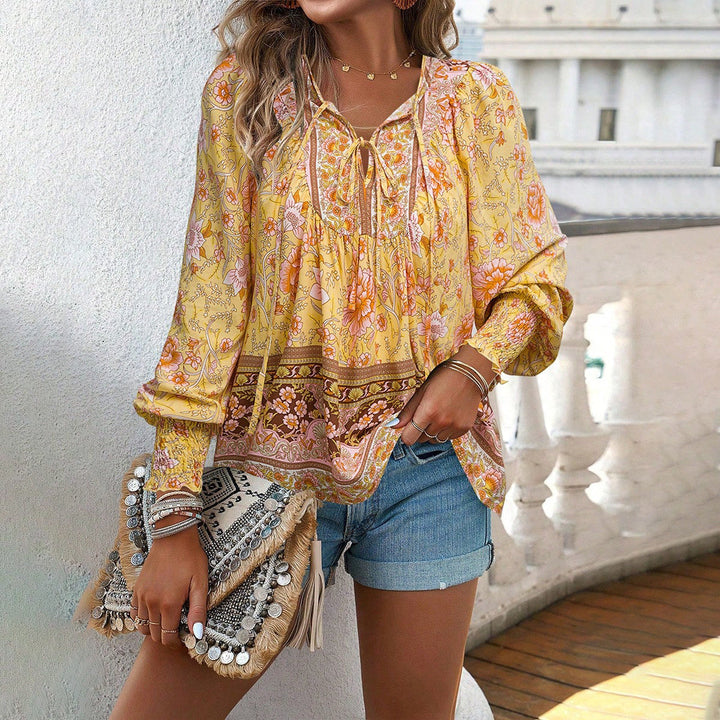 Women’s Blouse – Lightweight Rayon – Relaxed Fit – Tie Neck – Boho Print – Long Sleeve