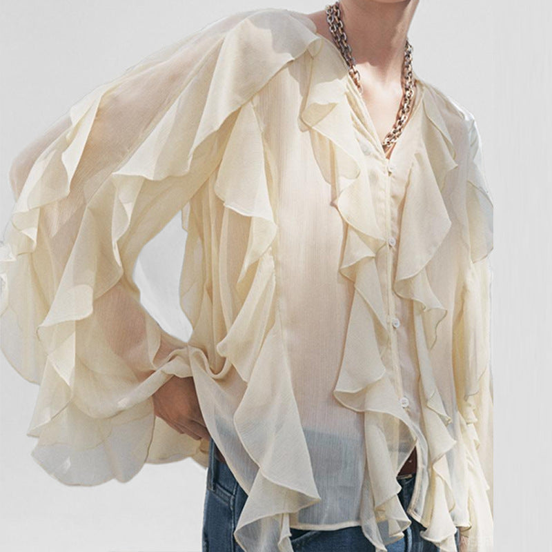 Women’s Blouse – Sheer Chiffon – Loose Fit – Ruffle Front – V-Neck – Long Sleeve