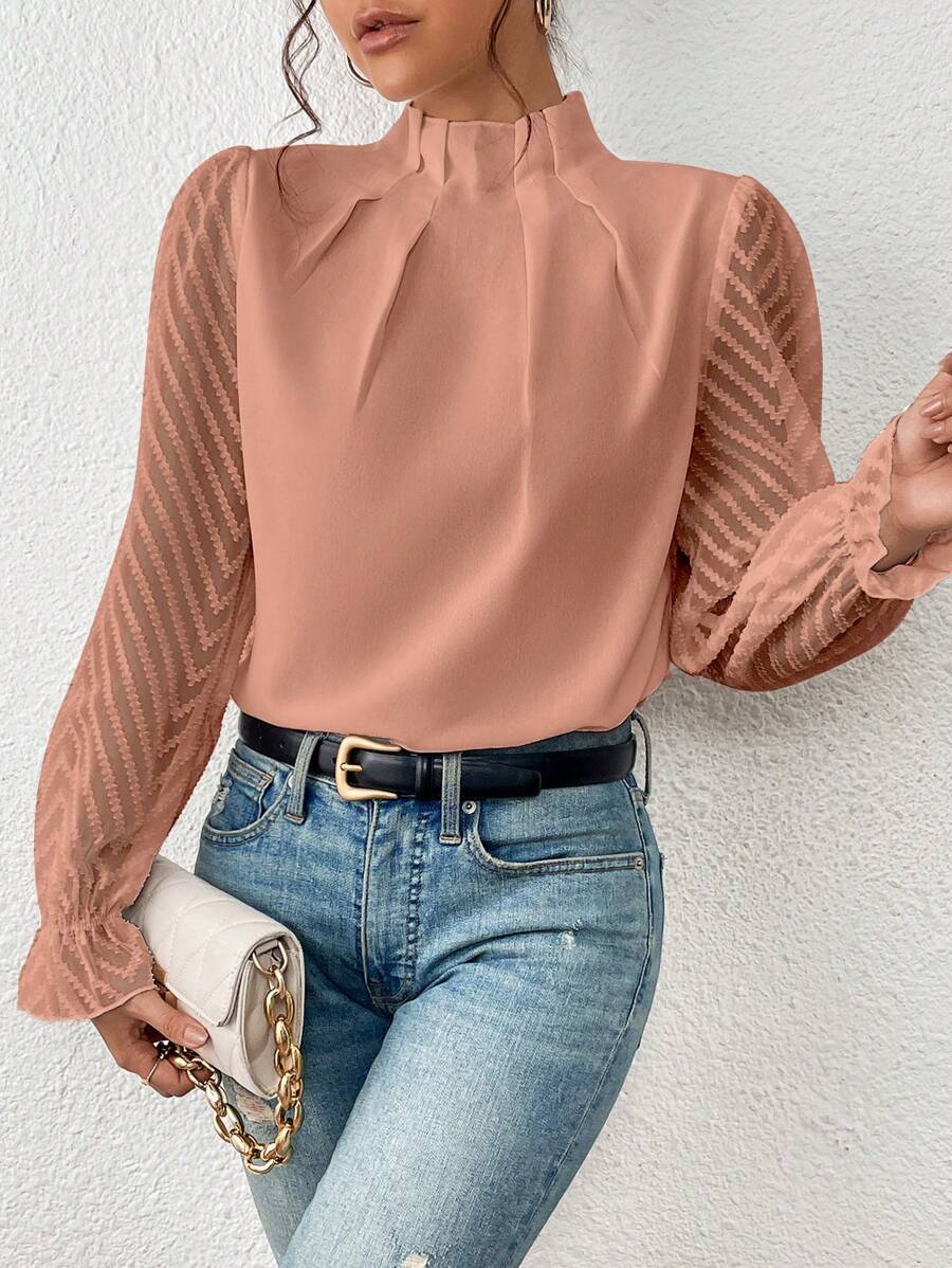 Women's elegant pleated blouse with sheer sleeves