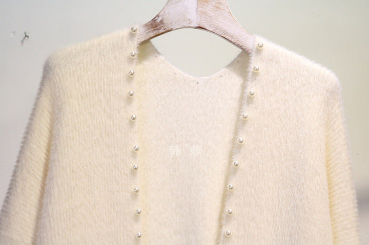 Women's open front knit cardigan with pearl accents