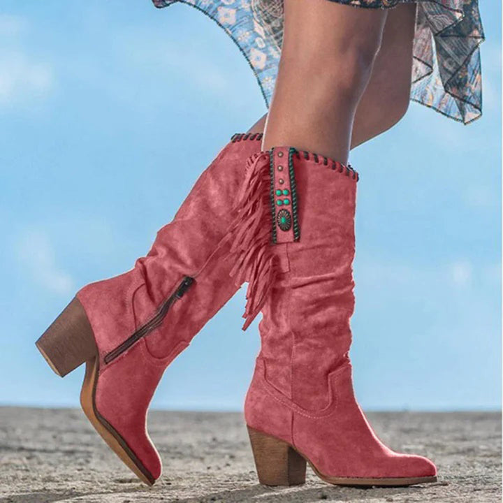 Women's Knee-High Boots - Western Style - Fringe & Stud Details - Block Heel