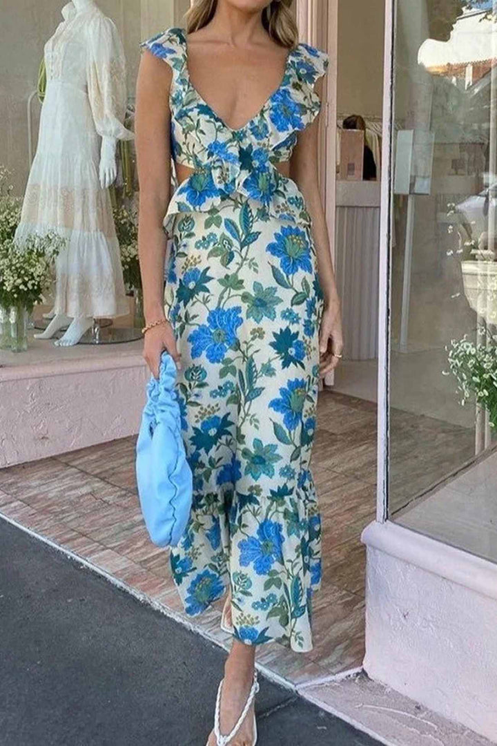 Elegant Sleeveless Maxi Dress with Ruffle Straps