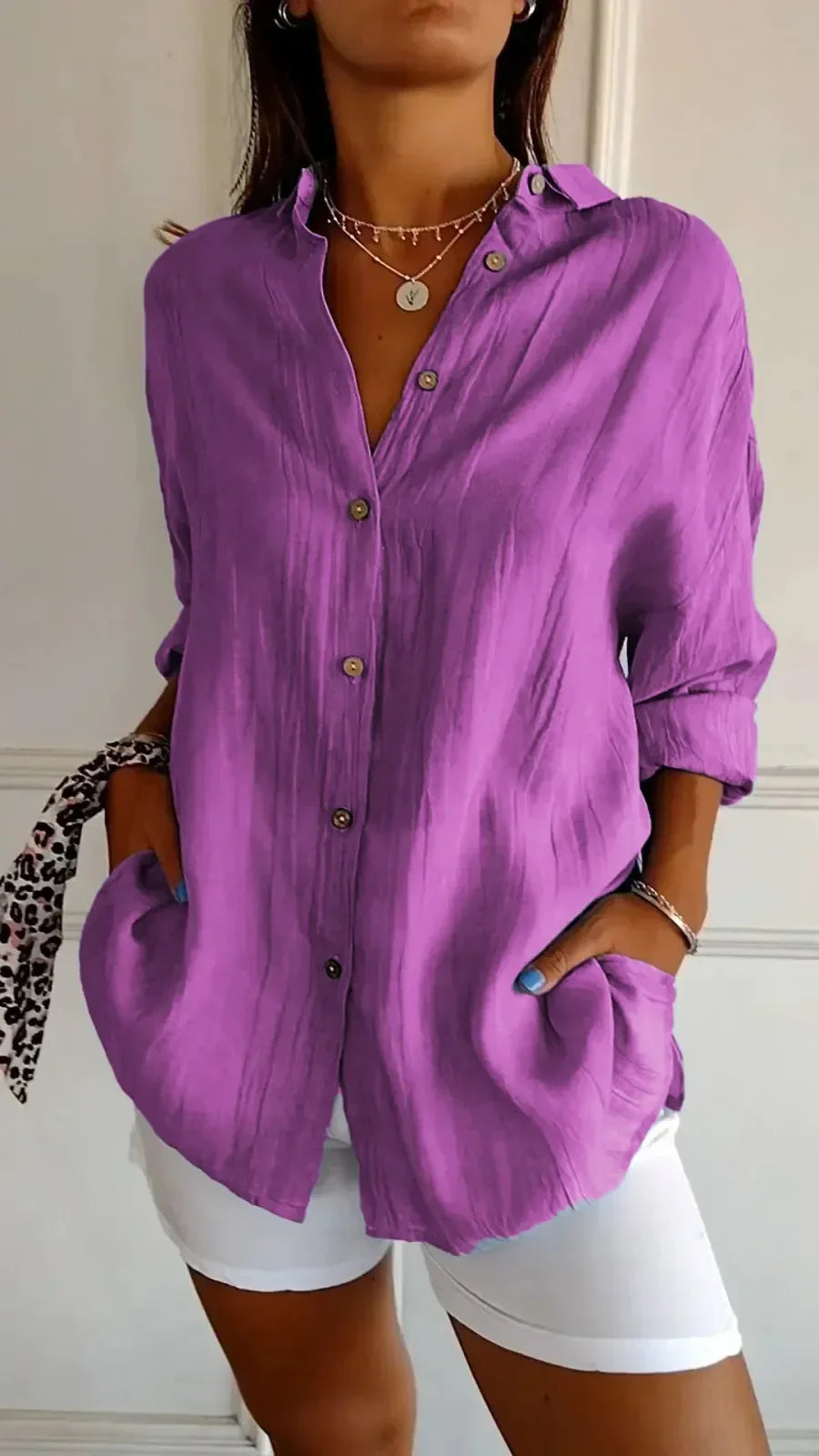 Women’s Button-Up Shirt – Relaxed Fit – Crinkled Texture – Long Sleeve Casual Style