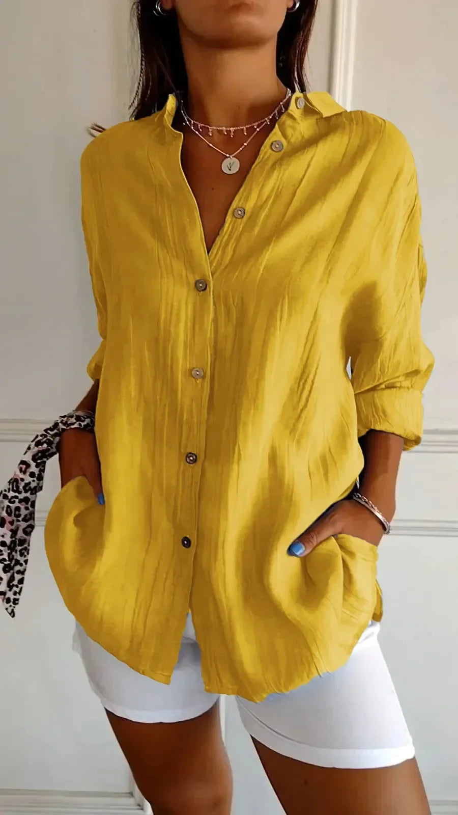 Women’s Button-Up Shirt – Relaxed Fit – Crinkled Texture – Long Sleeve Casual Style