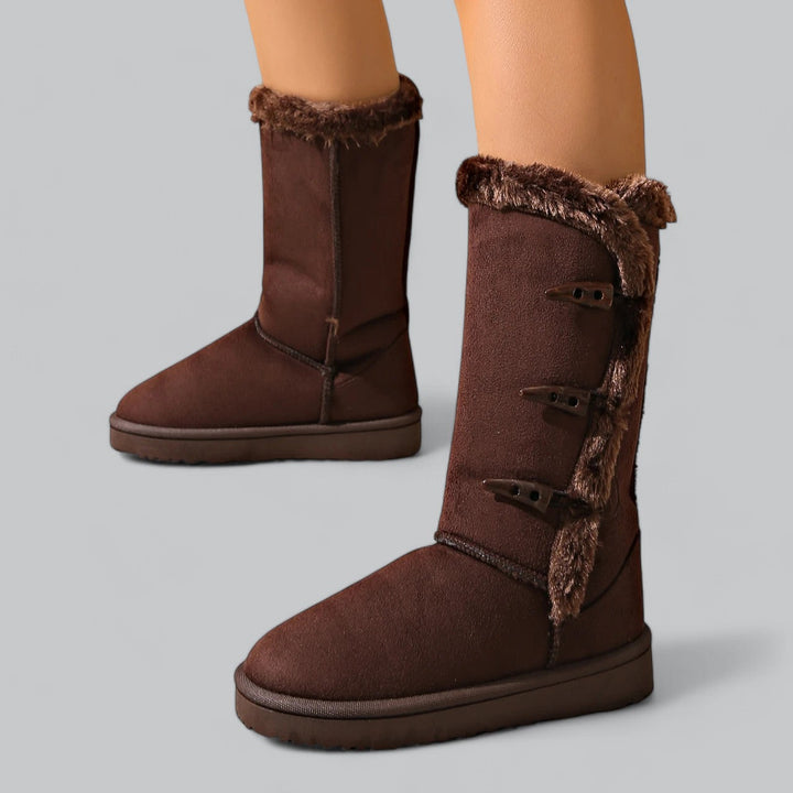 Women's casual mid-high snow boots with flat heel and horn buckle